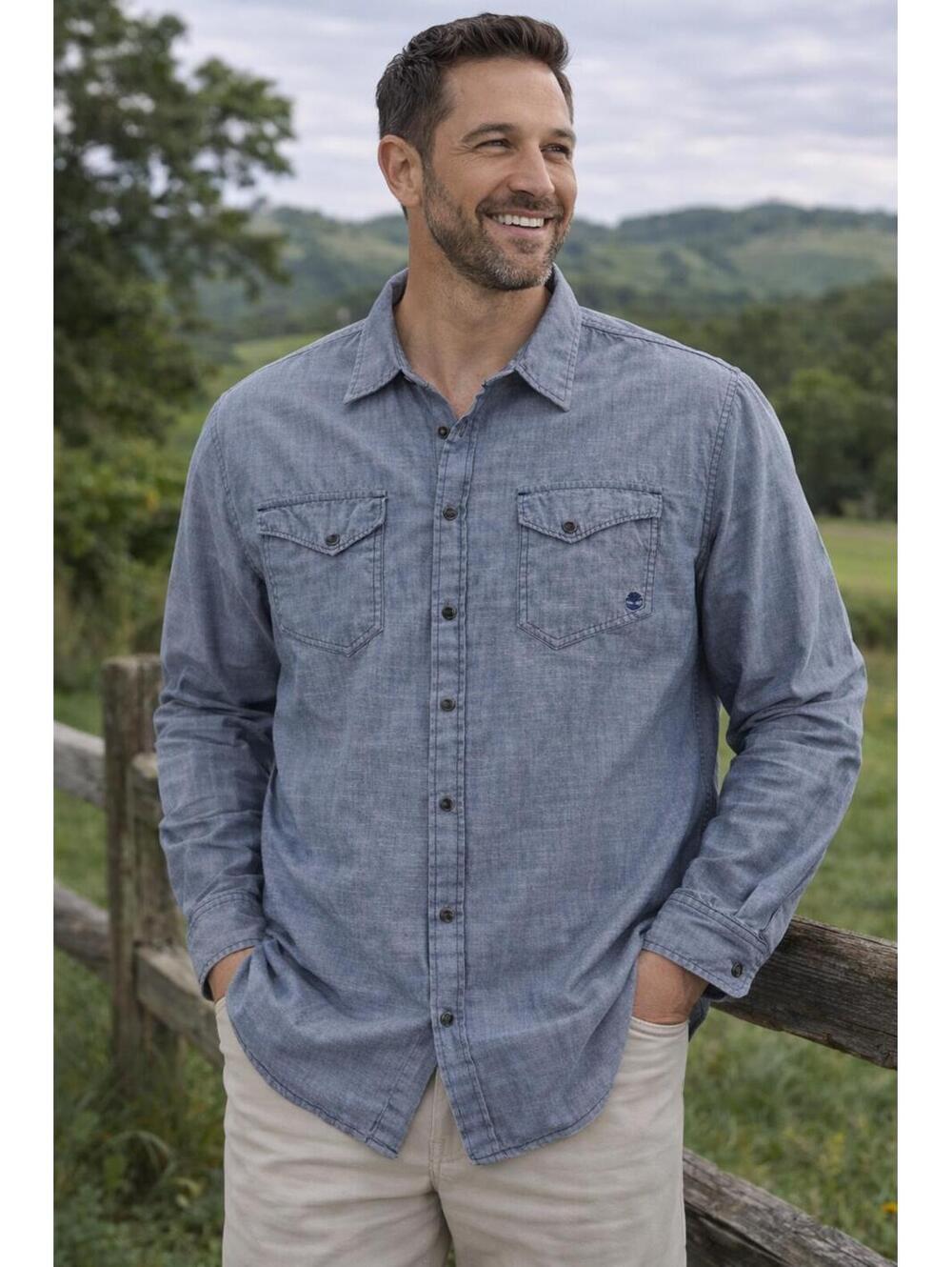 Timberland Chambray Button Up Shirt Blue Long Sleeve Dual Pocket Men’s XL